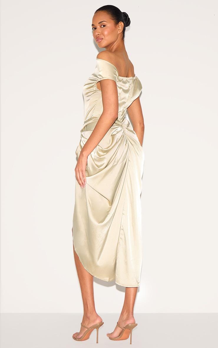 Pretty Little Thing Sage Green Satin Off The Shoulder Draped Skirt Midi Dress