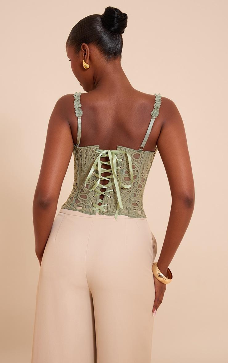 Pretty Little Thing Sage Green Strappy Textured Sheer Floral Lace Corset