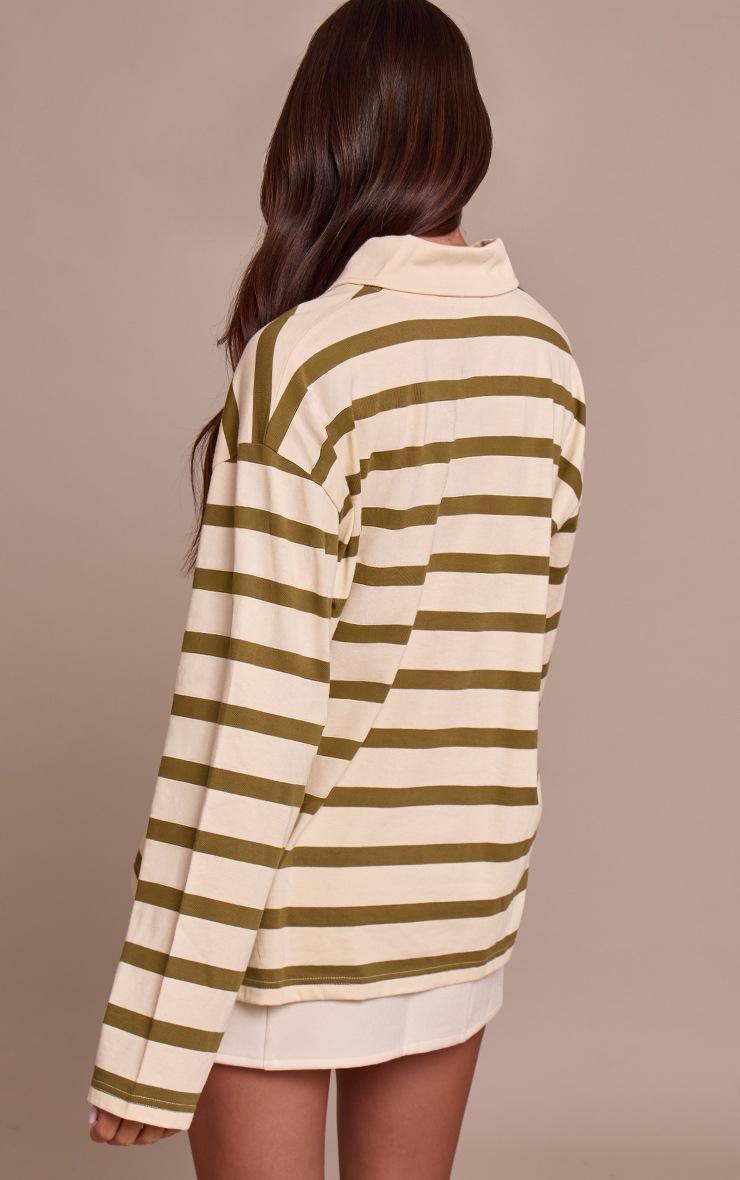 Pretty Little Thing Sage Green Stripe Cotton Polo Collar Long Sleeve Top