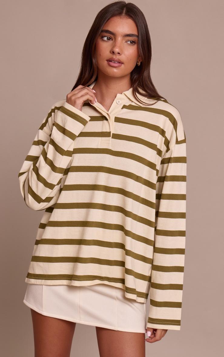 Pretty Little Thing Sage Green Stripe Cotton Polo Collar Long Sleeve Top