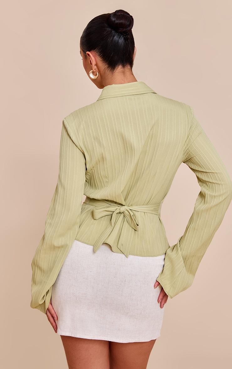 Pretty Little Thing Sage Green Textured Satin Tie Back Shirt