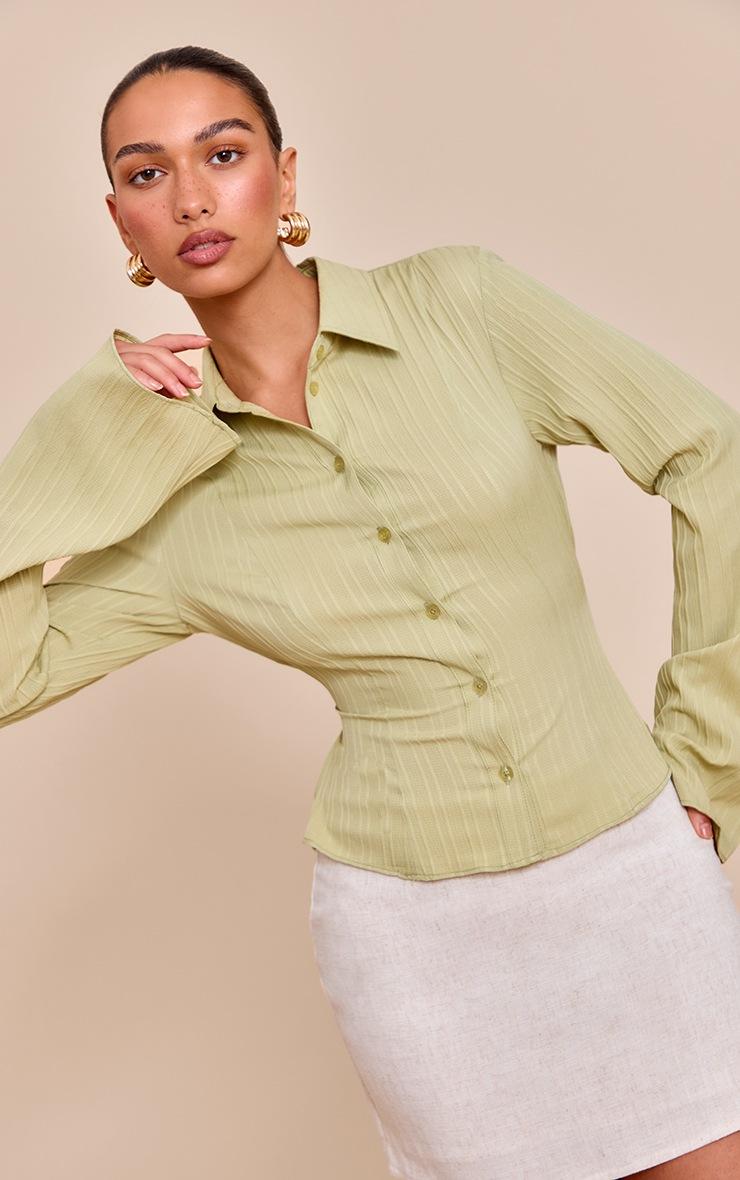 Pretty Little Thing Sage Green Textured Satin Tie Back Shirt