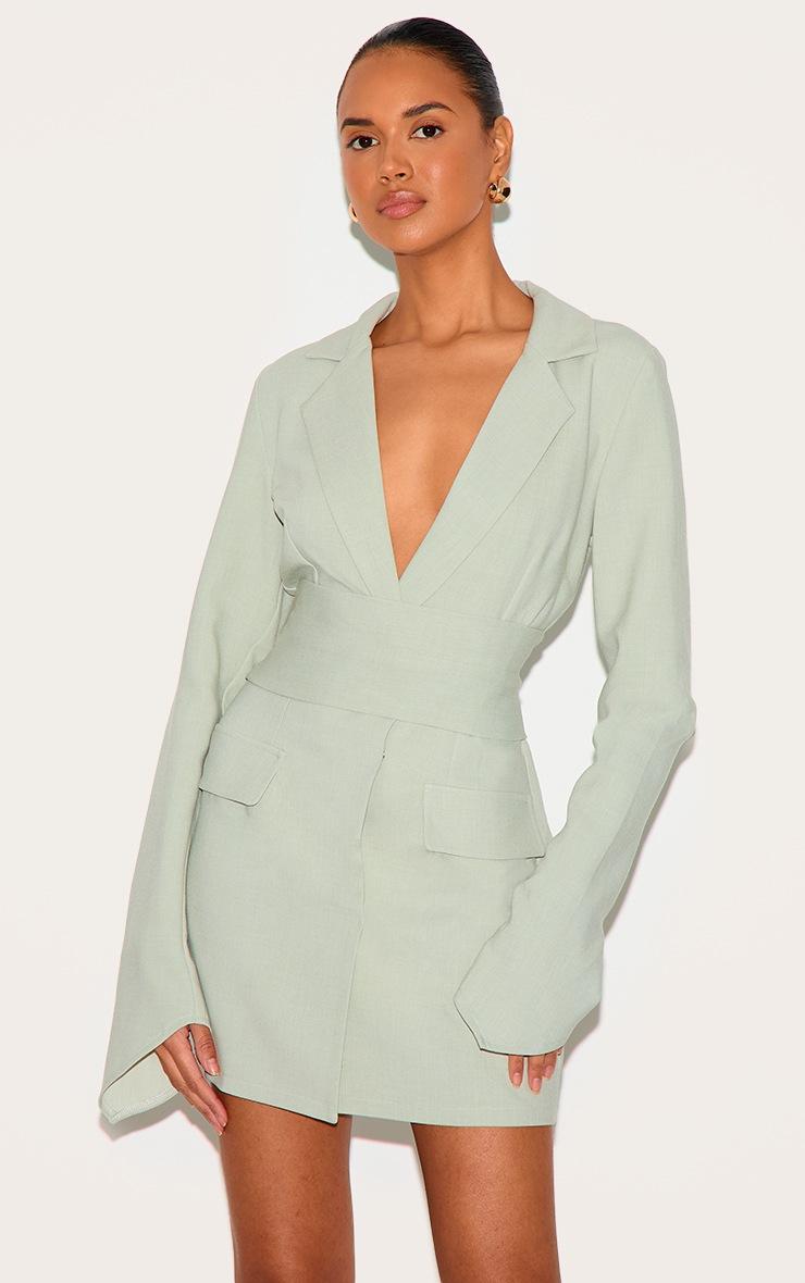 Pretty Little Thing Sage Green Woven Belted Blazer Dress