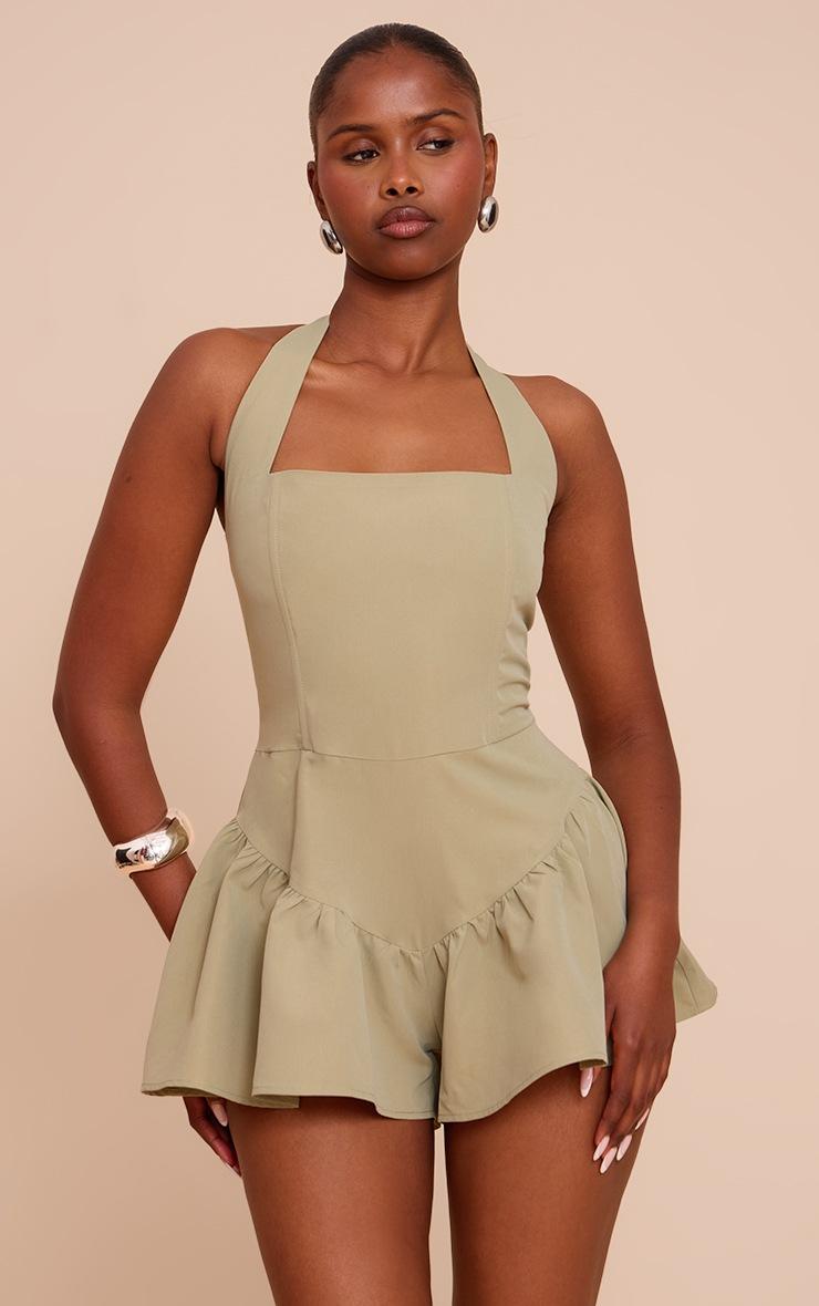 Pretty Little Thing Sage Halter Neck Drop Waist Floaty Romper