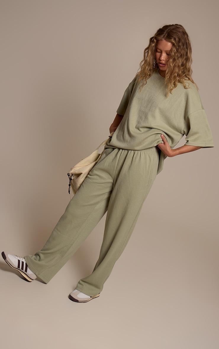 Pretty Little Thing Sage Khaki Jersey Mid Rise Wide Leg Pant