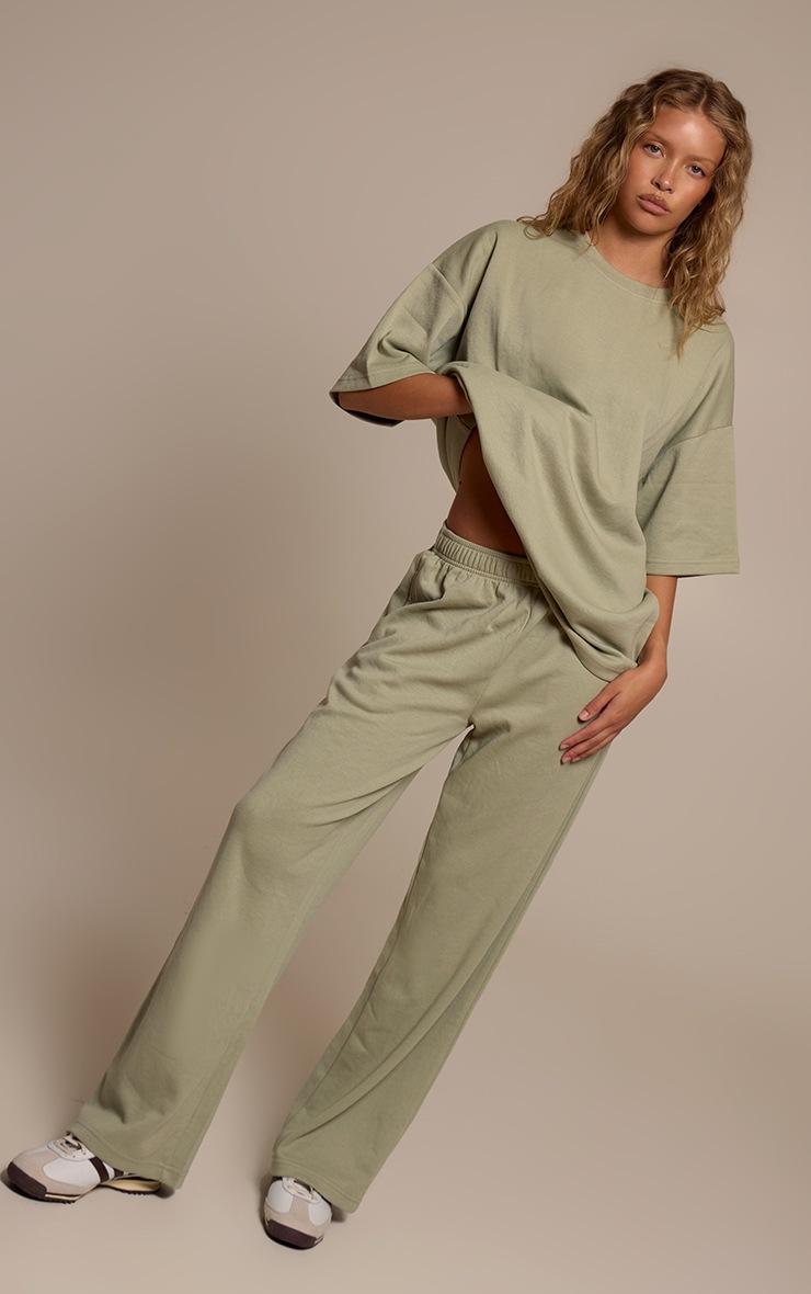 Pretty Little Thing Sage Khaki Jersey Mid Rise Wide Leg Pant