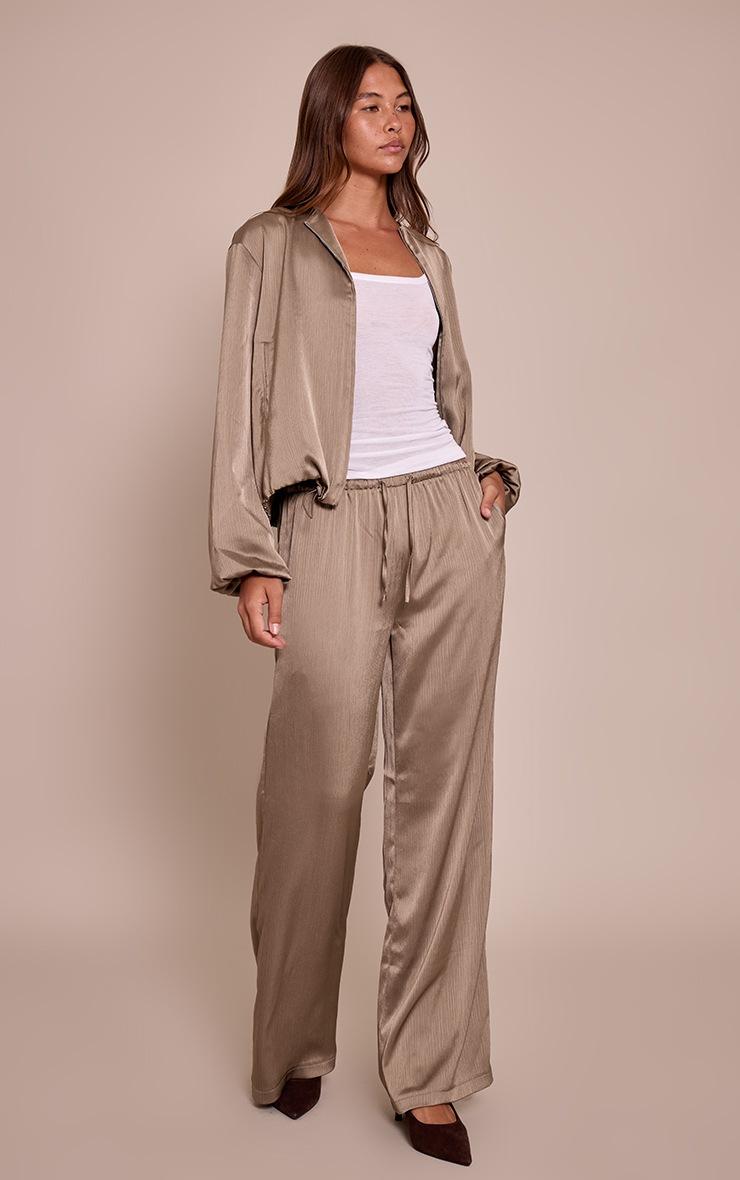 Pretty Little Thing Sage Khaki Textured Satin Drawstring Straight Leg Pant