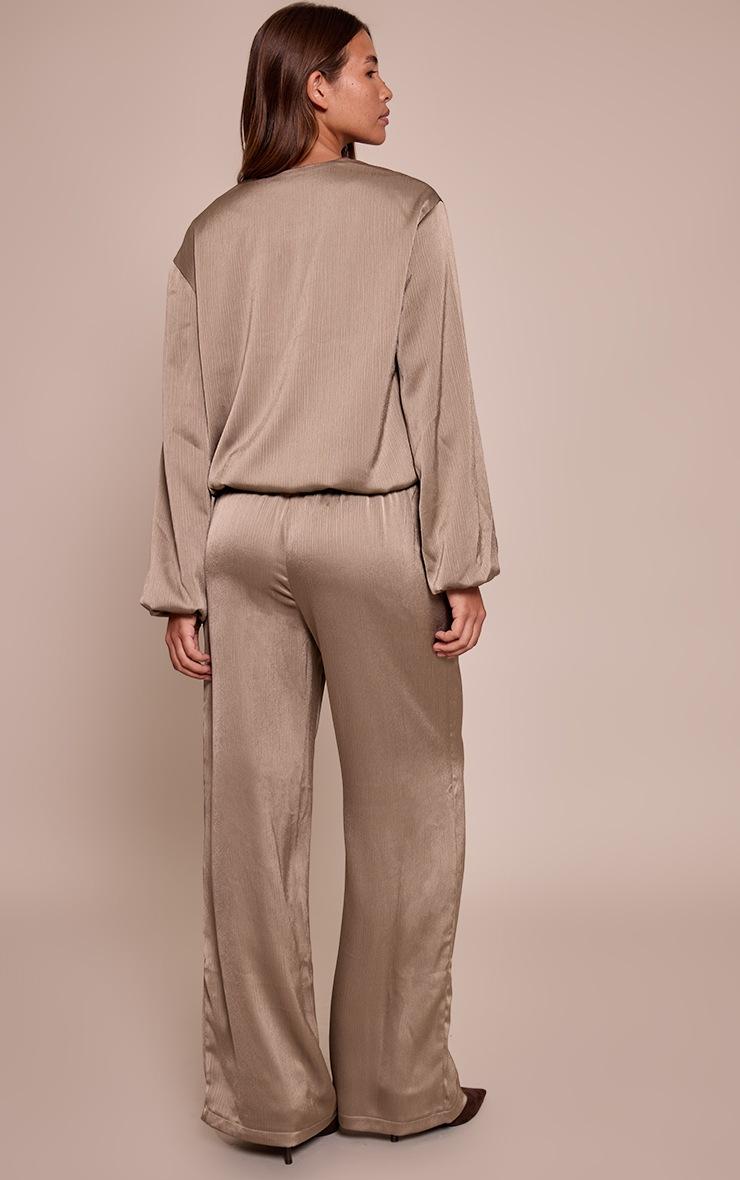 Pretty Little Thing Sage Khaki Textured Satin Drawstring Straight Leg Pant