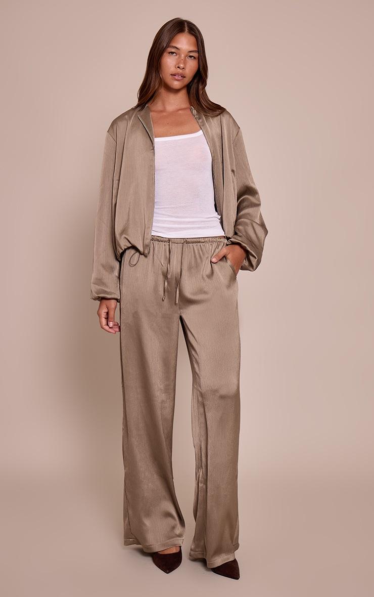Pretty Little Thing Sage Khaki Textured Satin Drawstring Straight Leg Pant