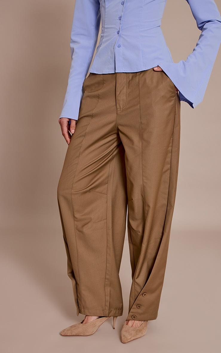 Pretty Little Thing Sage Khaki Woven Button Barrel Leg Seam Pants