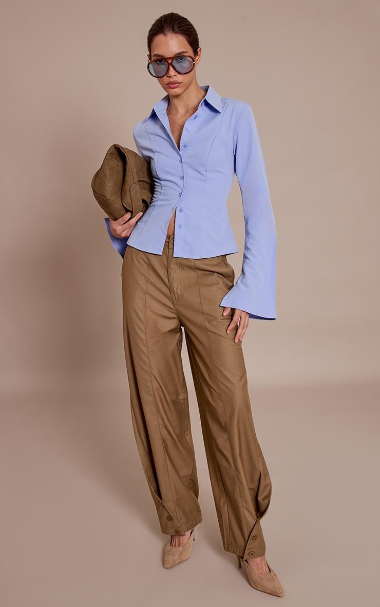 Pretty Little Thing Sage Khaki Woven Button Barrel Leg Seam Pants