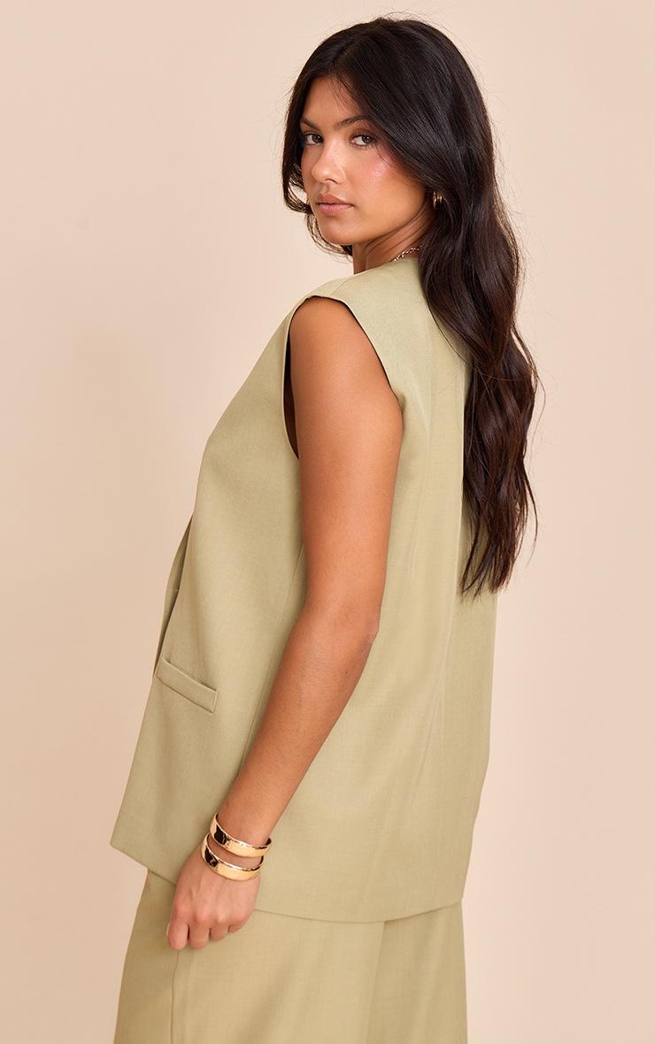 Pretty Little Thing Sage Khaki Woven Collarless Oversized Shoulder Pad Vest