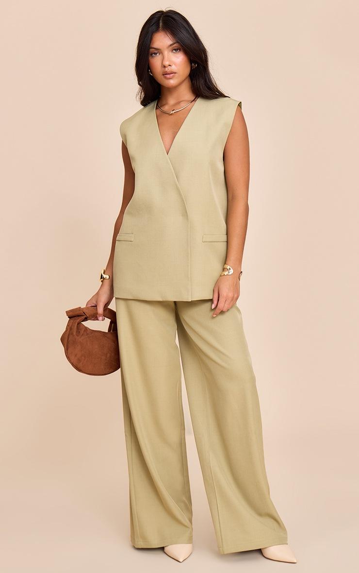 Pretty Little Thing Sage Khaki Woven Collarless Oversized Shoulder Pad Vest