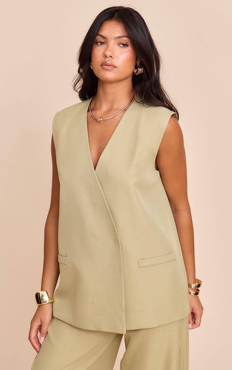 Pretty Little Thing Sage Khaki Woven Collarless Oversized Shoulder Pad Vest