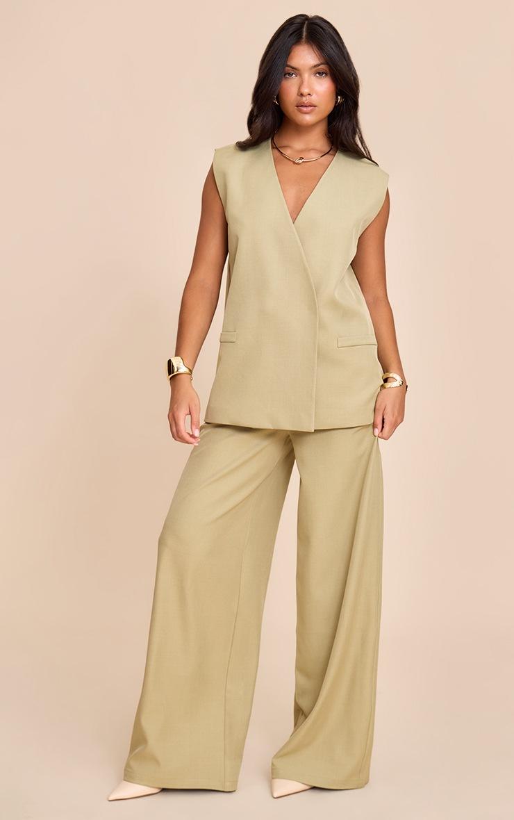 Pretty Little Thing Sage Khaki Woven Extreme Wide Leg Pleated Mid Rise Wide Leg Pants