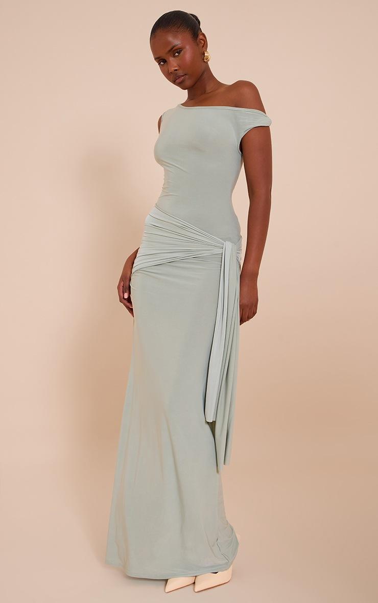 Pretty Little Thing Sage Slinky Off Shoulder Wrap Detail Maxi Dress