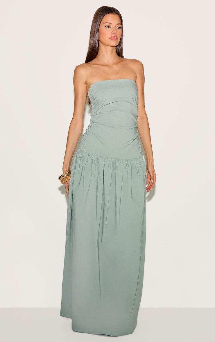 Pretty Little Thing Sage Stretch Woven Bandeau Ruched Maxi Dress