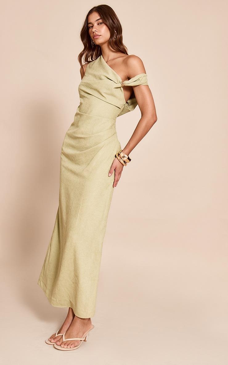 Pretty Little Thing Sage Textured Off The Shoulder Trim Detail Midaxi Dress