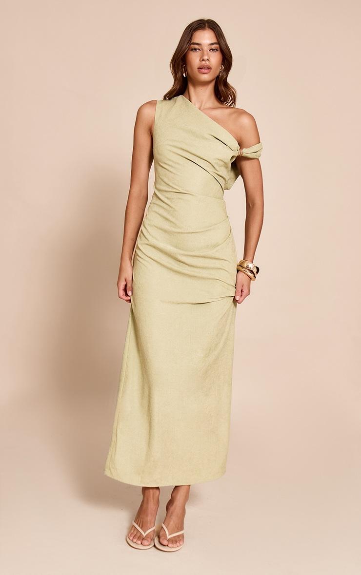 Pretty Little Thing Sage Textured Off The Shoulder Trim Detail Midaxi Dress