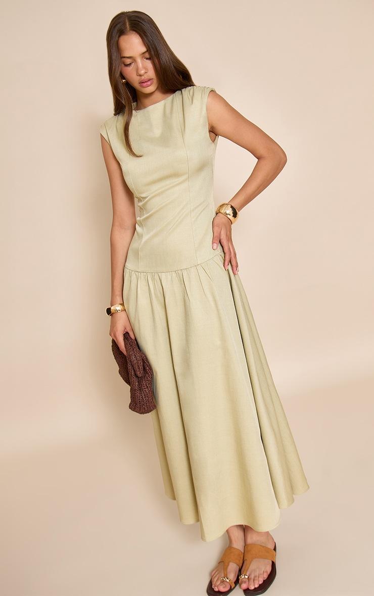 Pretty Little Thing Sage Woven Boat Neck Dropped Waist Maxi Dress