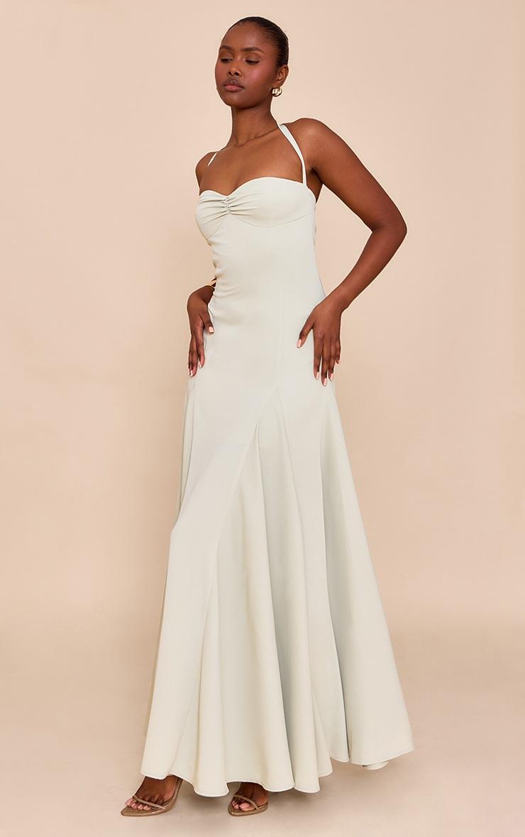 Pretty Little Thing Sage Woven Halterneck Ruched Bust Detail Maxi Dress