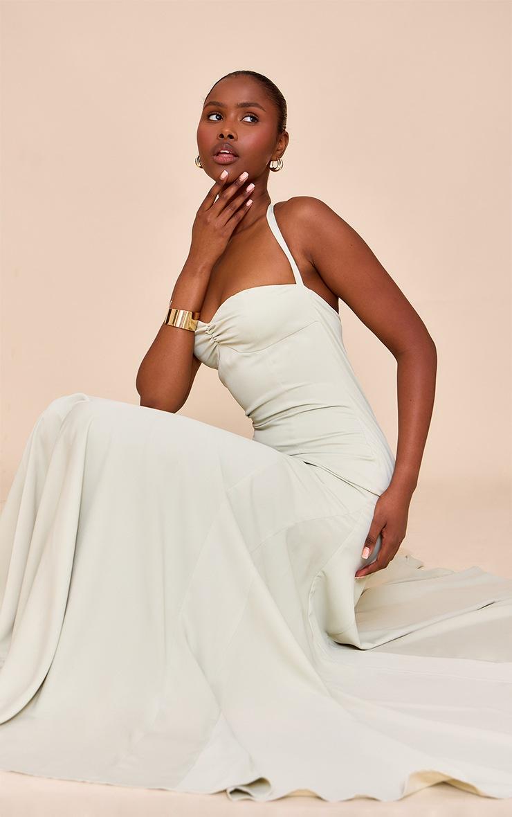 Pretty Little Thing Sage Woven Halterneck Ruched Bust Detail Maxi Dress