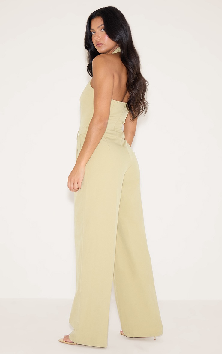 Pretty Little Thing Sage Woven Halterneck Trim Wide Leg Jumpsuit