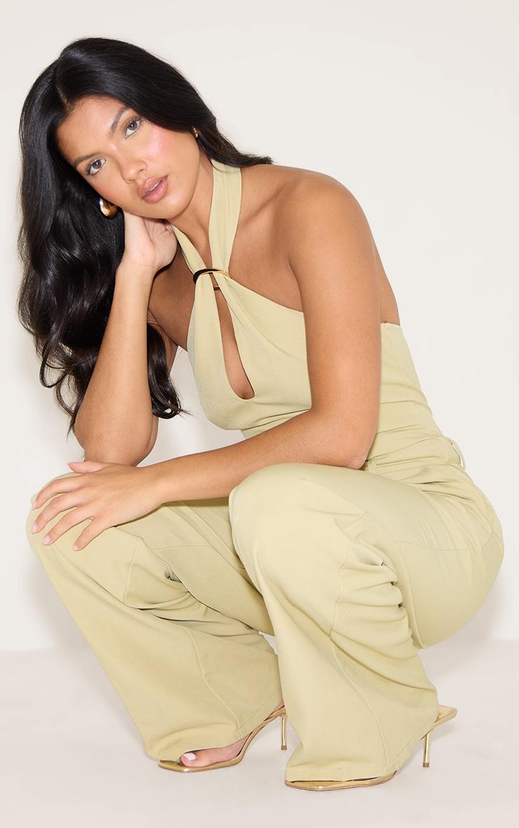 Pretty Little Thing Sage Woven Halterneck Trim Wide Leg Jumpsuit