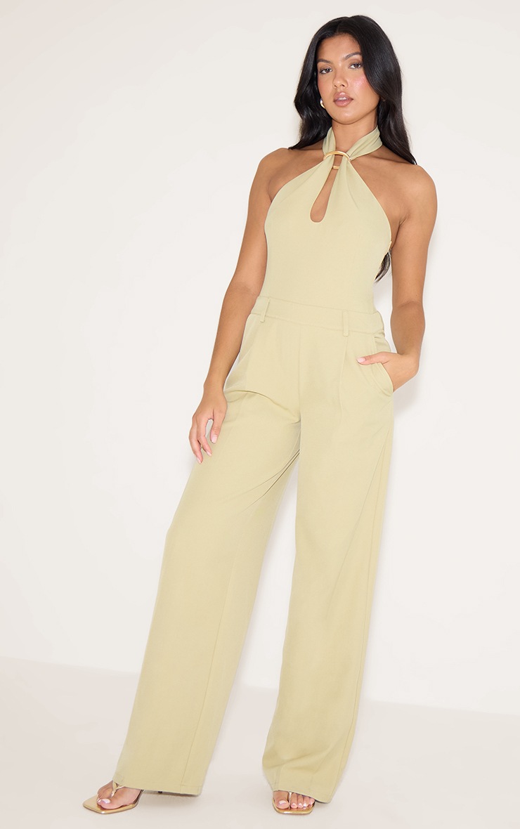 Pretty Little Thing Sage Woven Halterneck Trim Wide Leg Jumpsuit