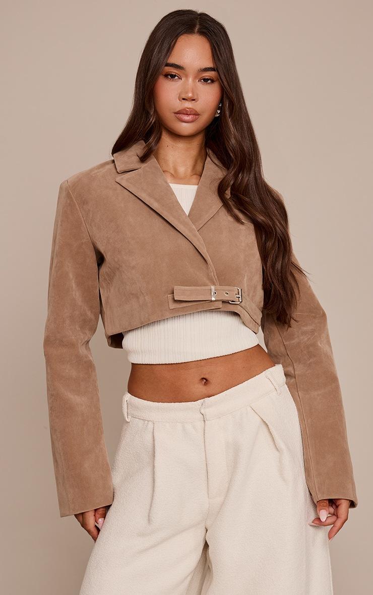 Pretty Little Thing Sand Faux Suede Extreme Cropped Blazer