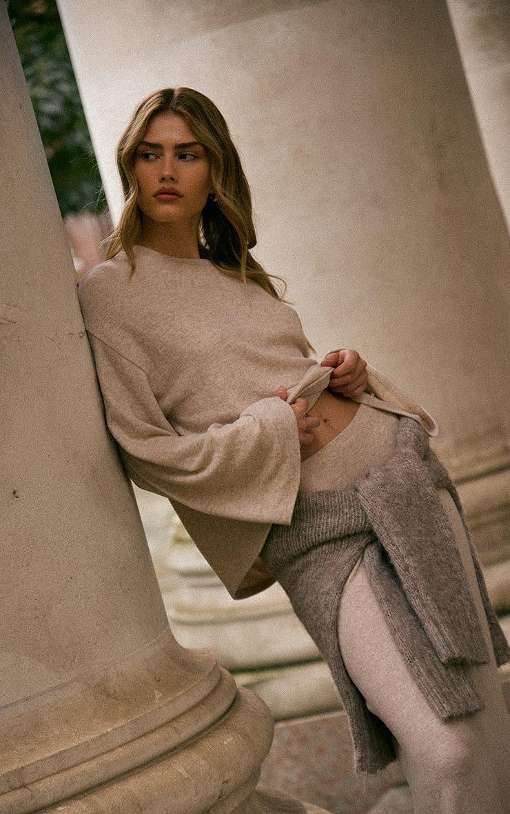 Pretty Little Thing Sand Marl Soft Knit Slouchy Long Sleeve Top