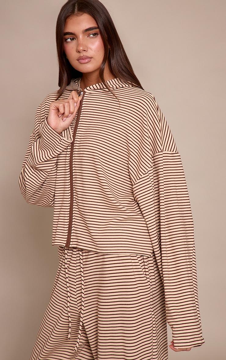 Pretty Little Thing Sand Striped Soft Fleece Zip Up Hoodie