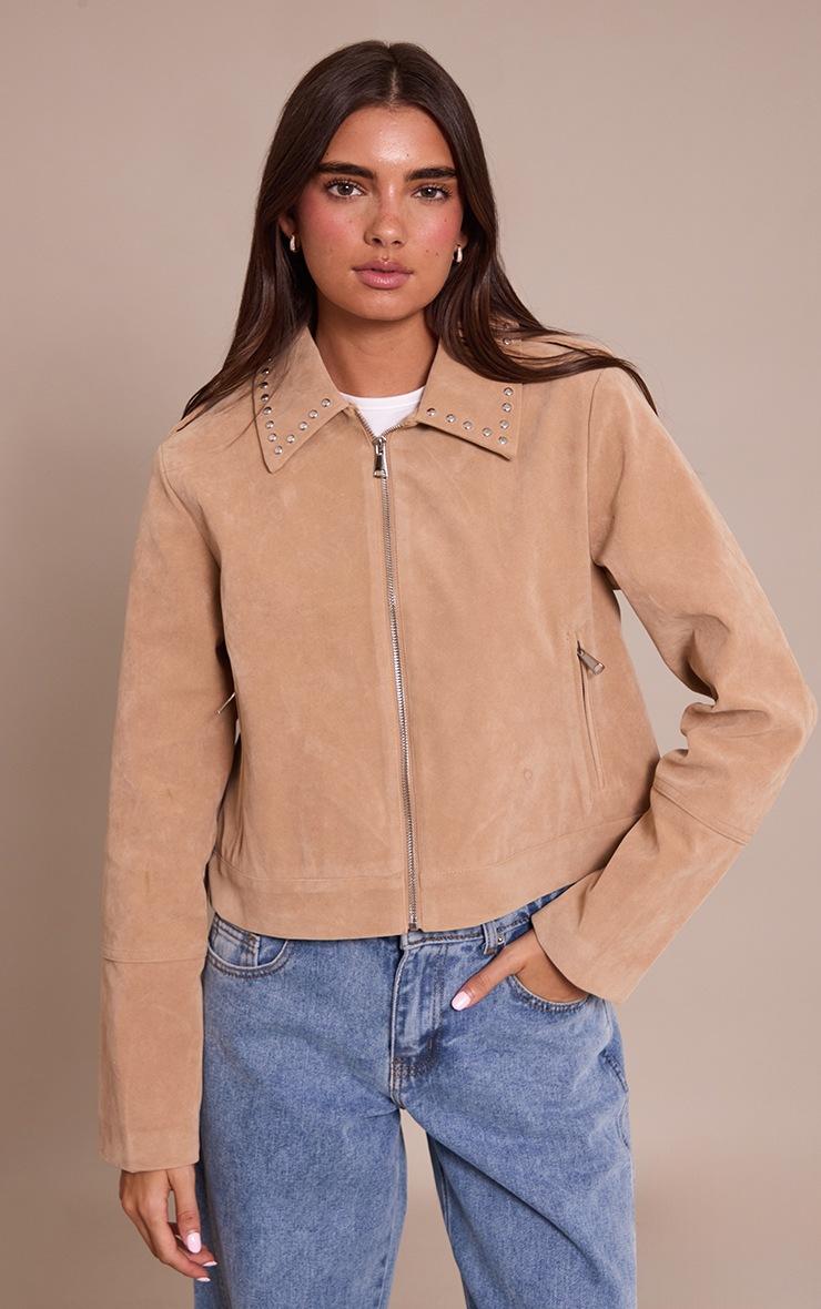 Pretty Little Thing Sand Studded Detail Faux Suede Zip Up Jacket