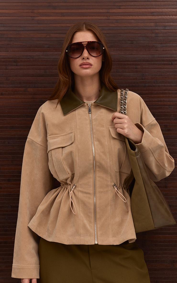 Pretty Little Thing Sand Suede Contrast Collar Cinch Waist Jacket