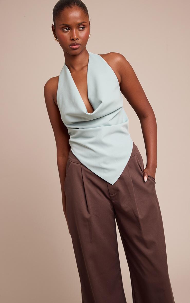 Pretty Little Thing Seafoam Woven Halterneck Cowl Long Top