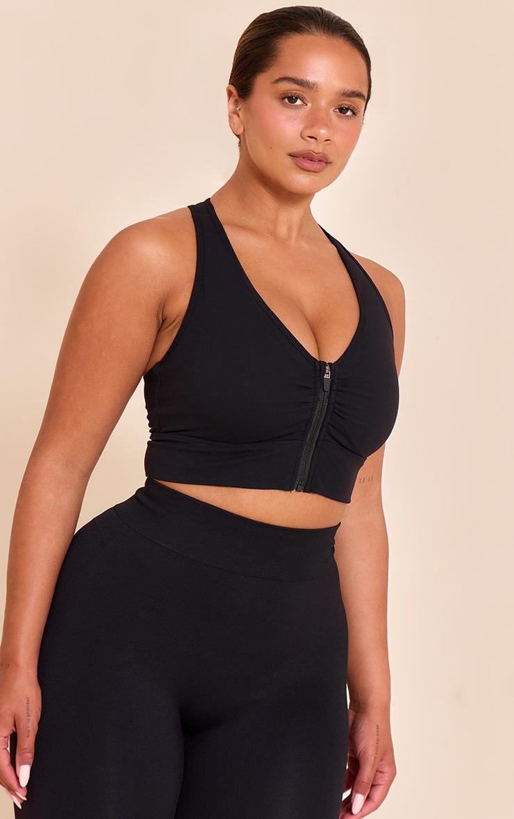 Pretty Little Thing Shape Black Active Ruched Zip Front Cupped Sports Bra