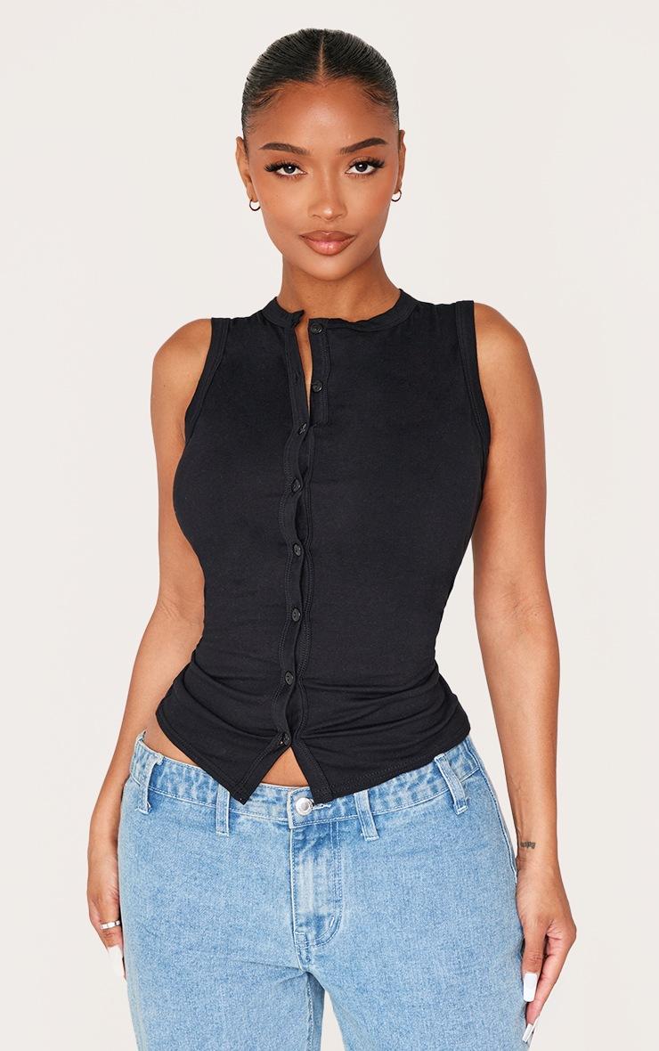 Pretty Little Thing Shape Black Asymmetric Button Front Sleeveless Top