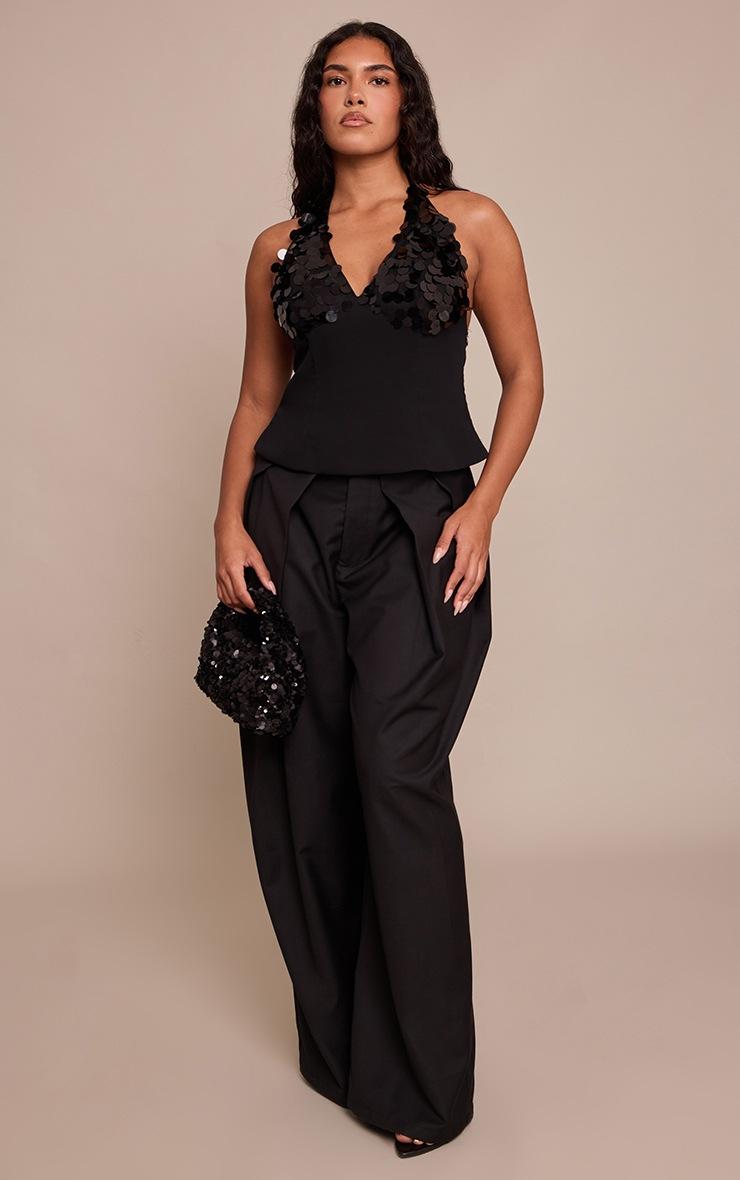 Pretty Little Thing Shape Black Chiffon Contrast Disc Sequin Halter Neck Top