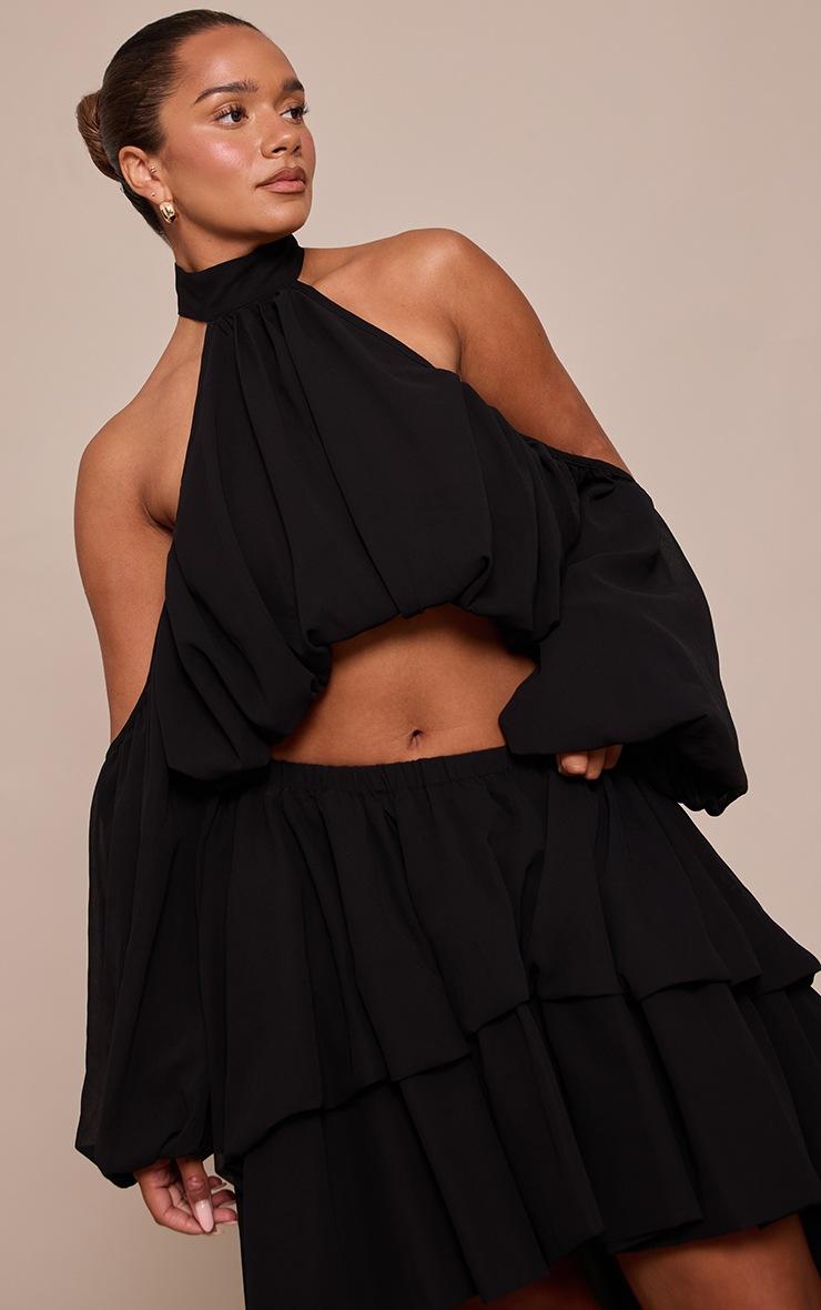 Pretty Little Thing Shape Black Chiffon High Neck Off Shoulder Blouse