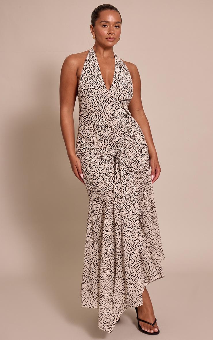 Pretty Little Thing Shape Black Dalmatian Print Halterneck Wrap Waist Maxi Dress