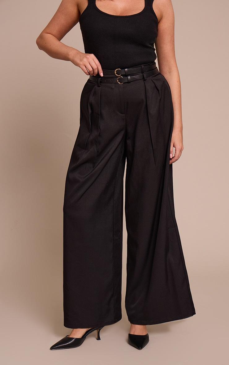 Pretty Little Thing Shape Black Double Belted Tailored Wide Leg Pant