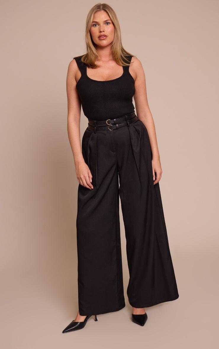 Pretty Little Thing Shape Black Double Belted Tailored Wide Leg Pant