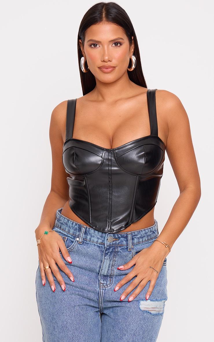 Pretty Little Thing Shape Black Faux Leather Corset Crop Top
