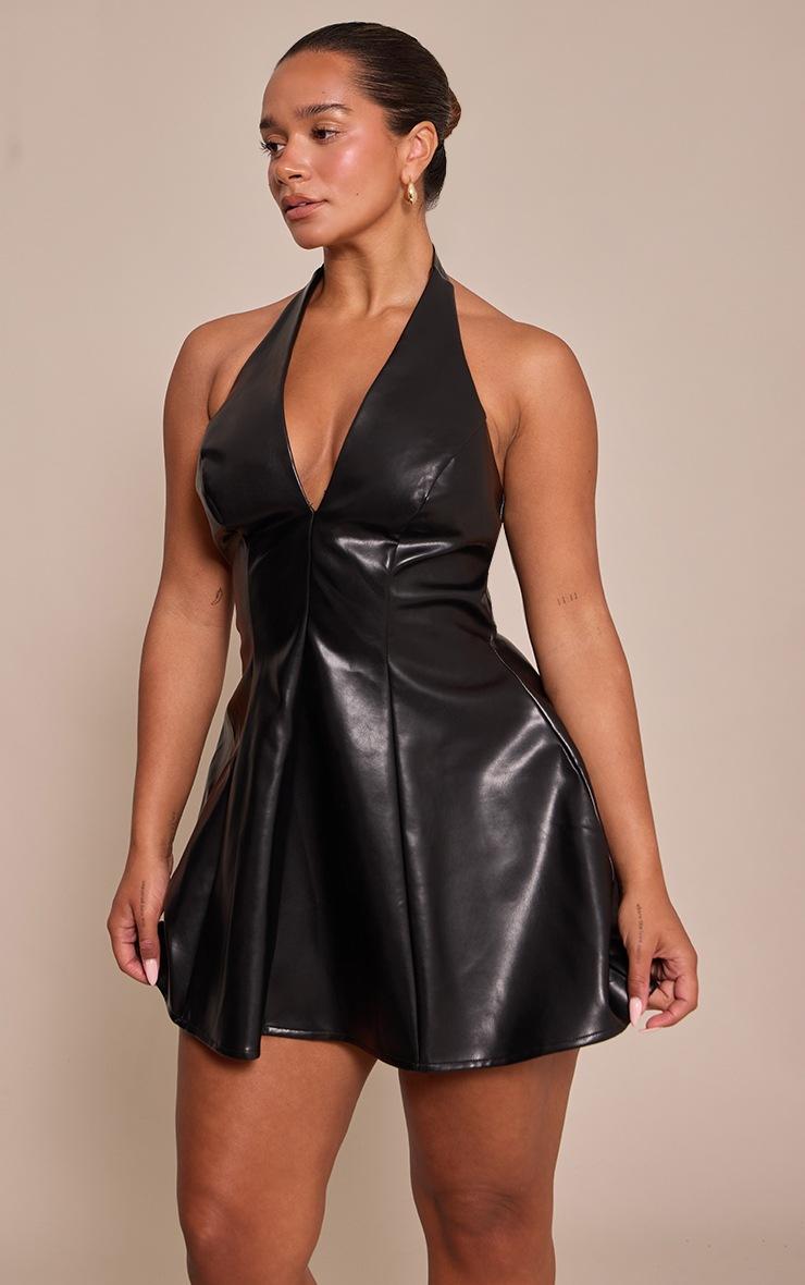 Pretty Little Thing Shape Black Faux Leather Plunge Neck A-Line Mini Dress