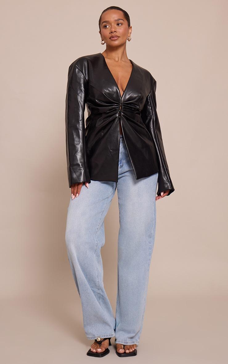 Pretty Little Thing Shape Black Faux Leather Ruched Front Blazer