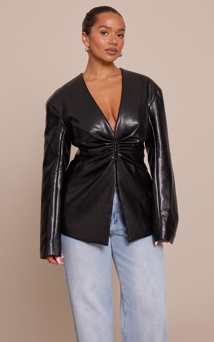 Pretty Little Thing Shape Black Faux Leather Ruched Front Blazer