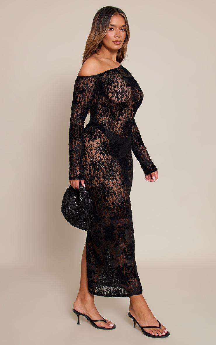 Pretty Little Thing Shape Black Flocked Lace Long Sleeve Maxi Dress