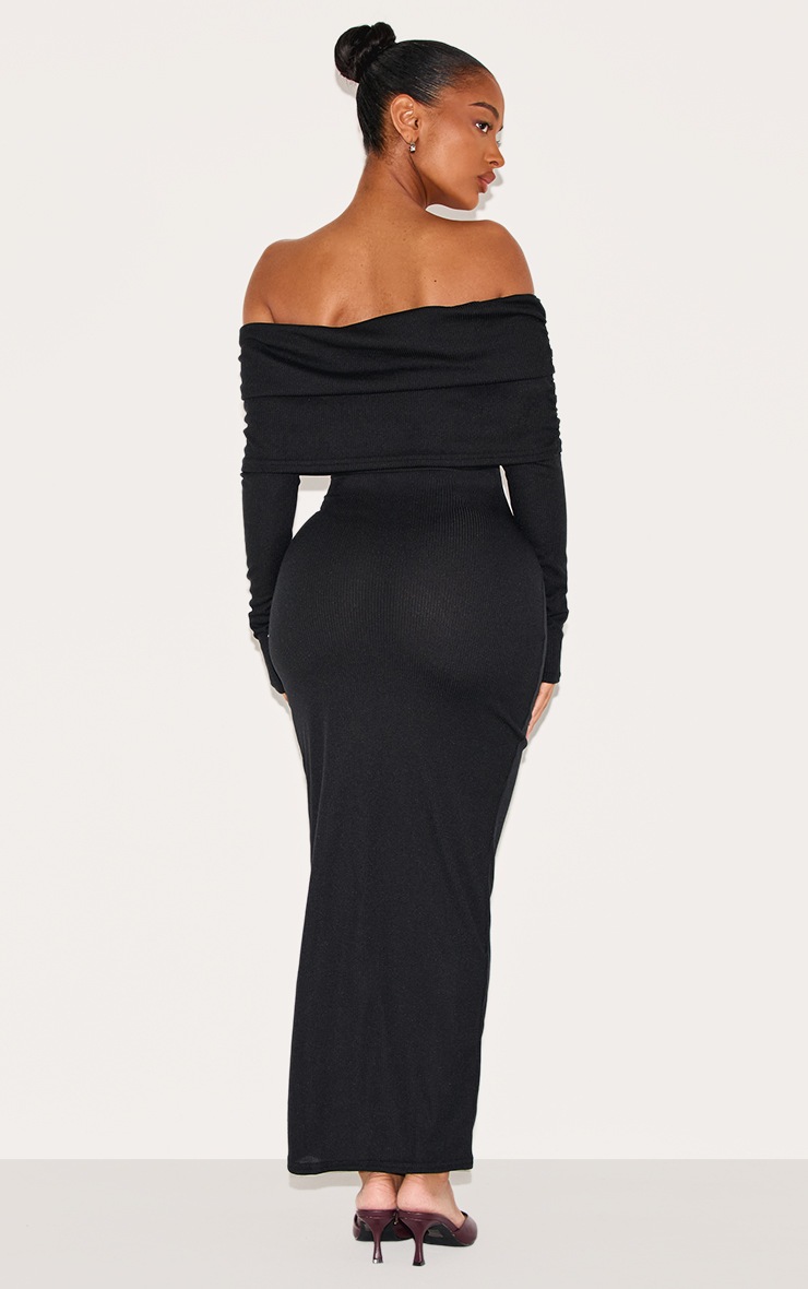 Pretty Little Thing Shape Black Fold Over Bardot Rib Maxi Dress