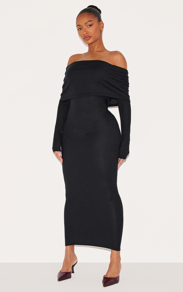 Pretty Little Thing Shape Black Fold Over Bardot Rib Maxi Dress