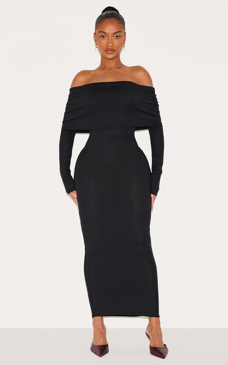 Pretty Little Thing Shape Black Fold Over Bardot Rib Maxi Dress